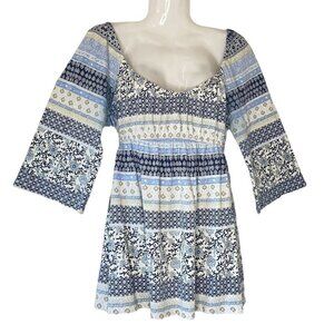 Announcements Maternity Stretch Top Peasant Style White with Blue Print